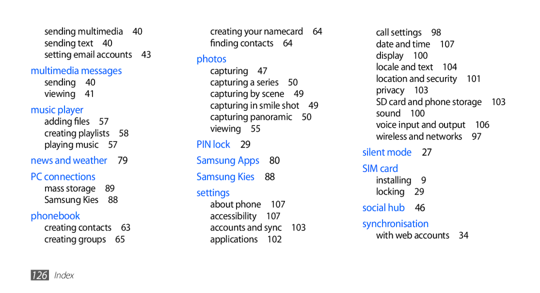 Samsung GT-S5830OKYDBT, GT-S5830OKZDBT, GT-S5830OKYXEG manual Capturing , Call settings , 104, 106, With web accounts  